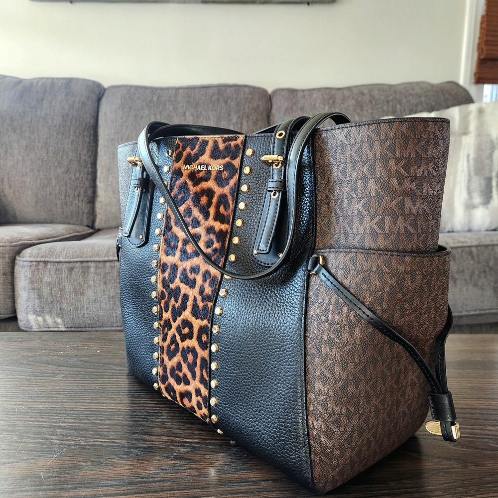 Michael Kors Black and Brown Leopard Print Tote Bag - Picture 2 of 11